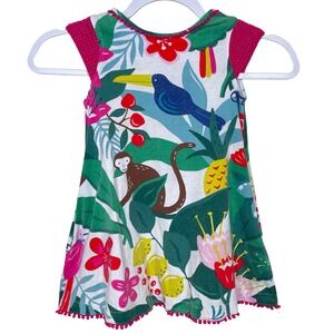 Mini Boden Girl's Tropical Jungle Print Dress Size 2-3Y Pink Pom Trim Sleeveless